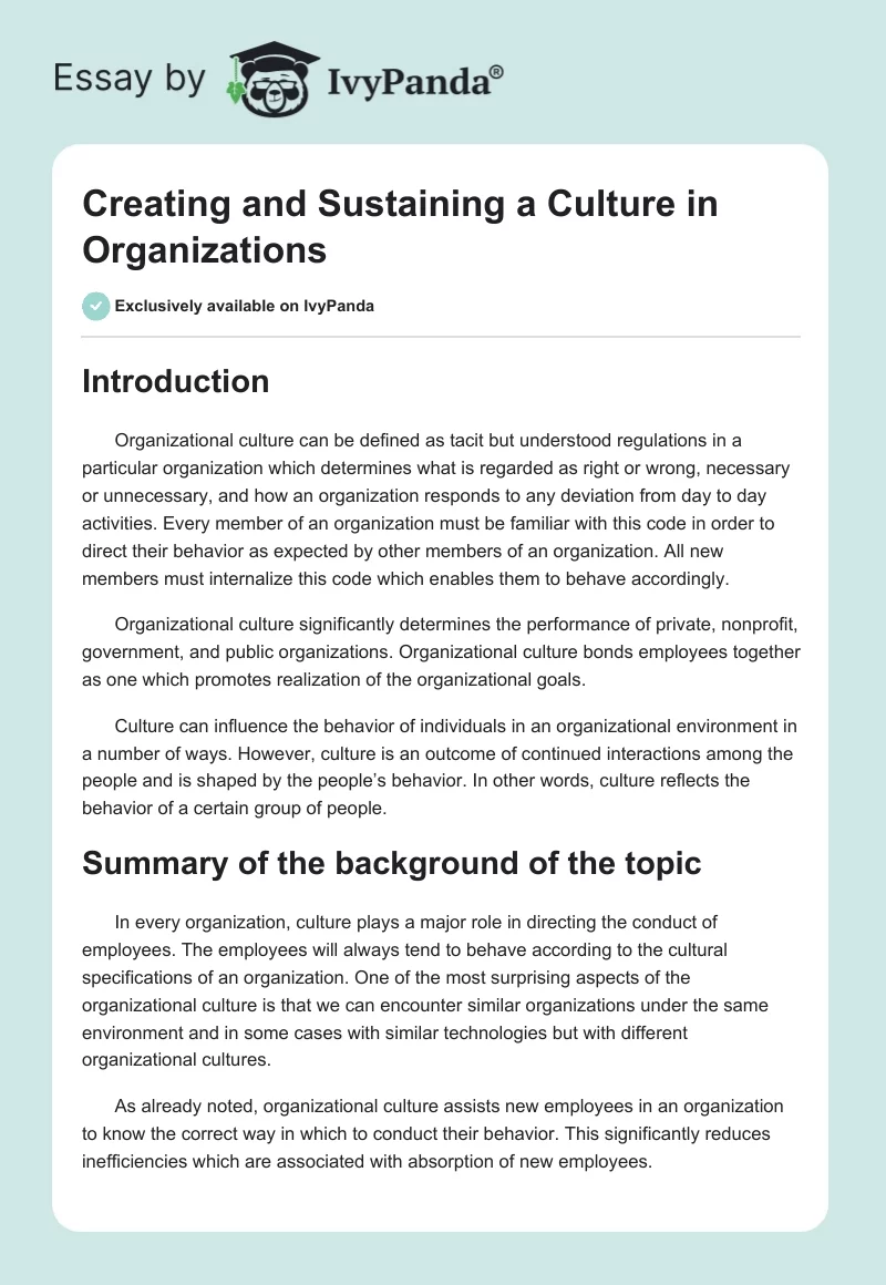 Creating and Sustaining a Culture in Organizations. Page 1