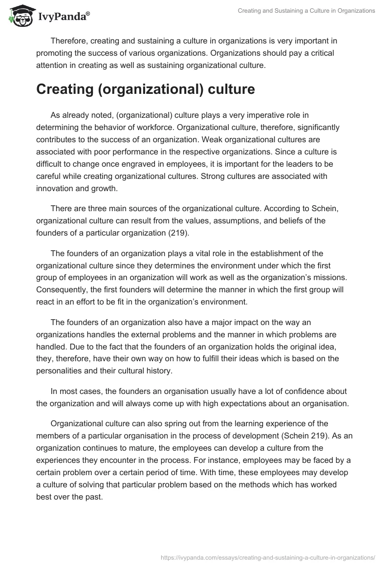 Creating and Sustaining a Culture in Organizations. Page 2