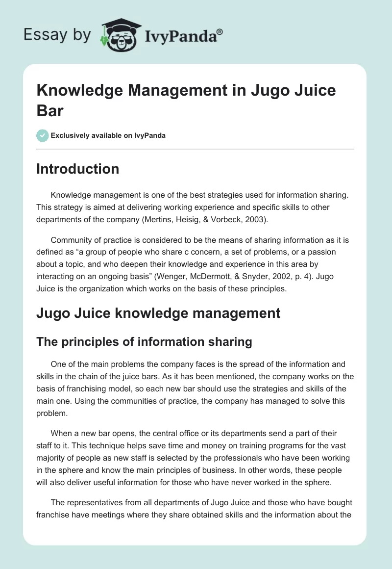 Knowledge Management in Jugo Juice Bar. Page 1