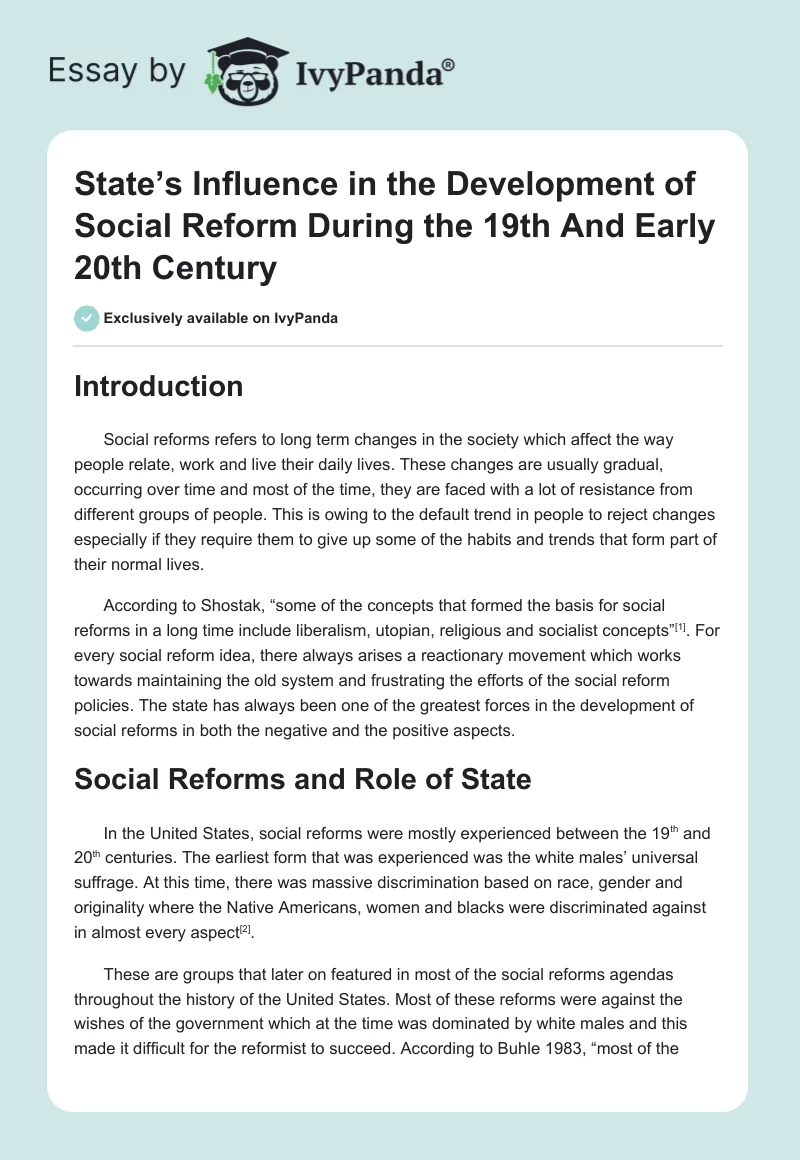 State’s Influence in the Development of Social Reform During the 19th And Early 20th Century. Page 1