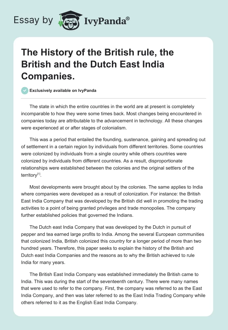 The History of the British rule, the British and the Dutch East India Companies.. Page 1