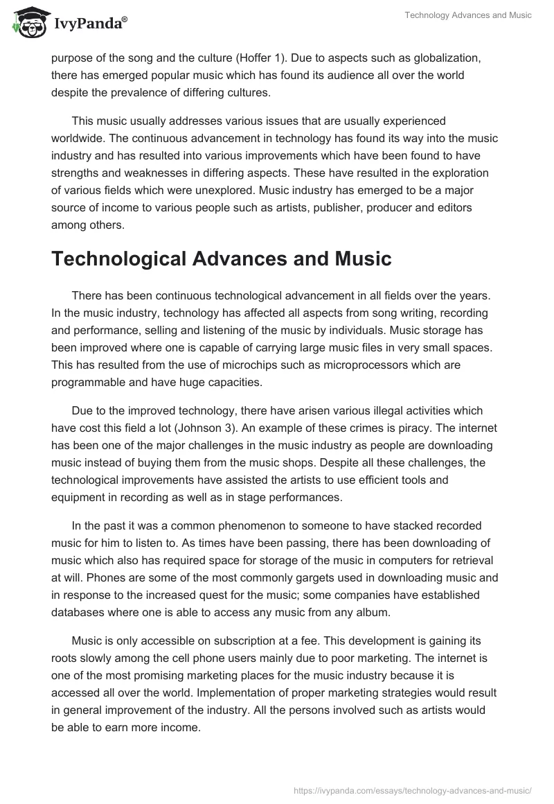 Technology Advances and Music - 1557 Words | Essay Example