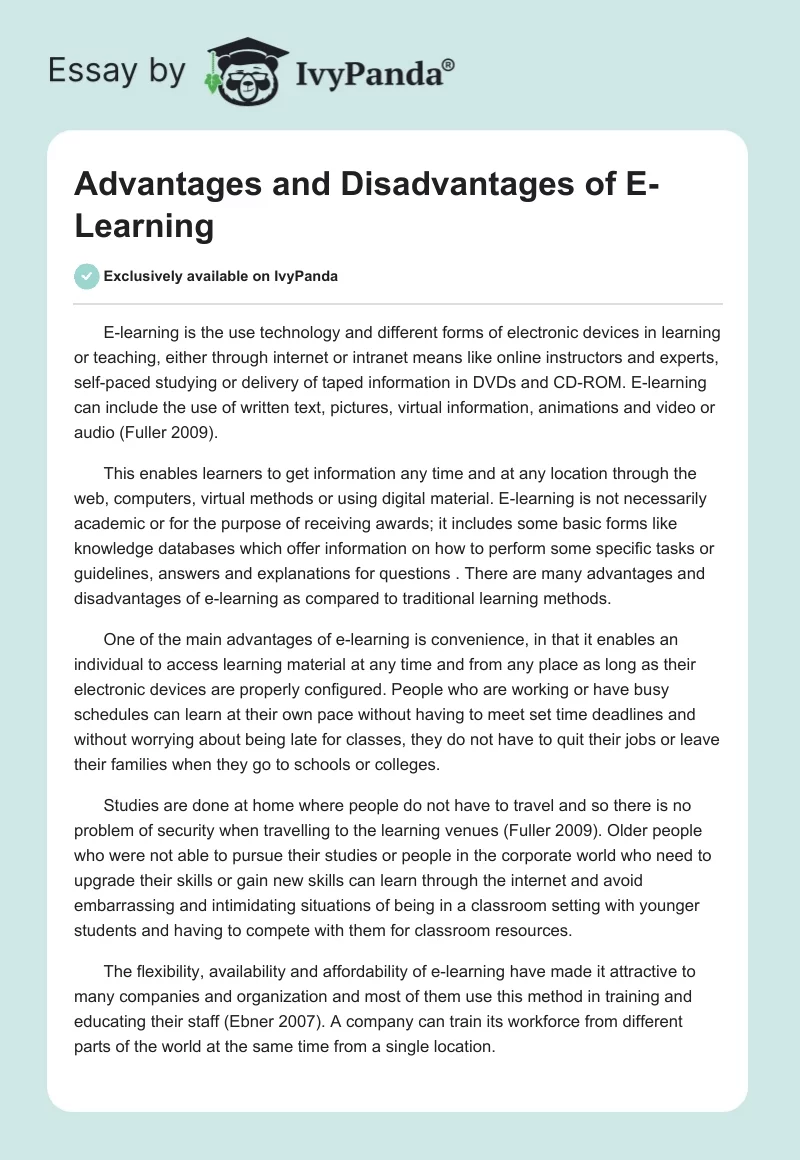 Advantages and Disadvantages of E-Learning. Page 1