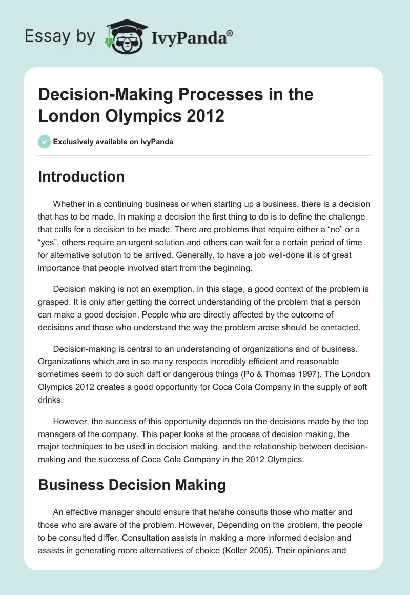 Decision-Making Processes in the London Olympics 2012. Page 1