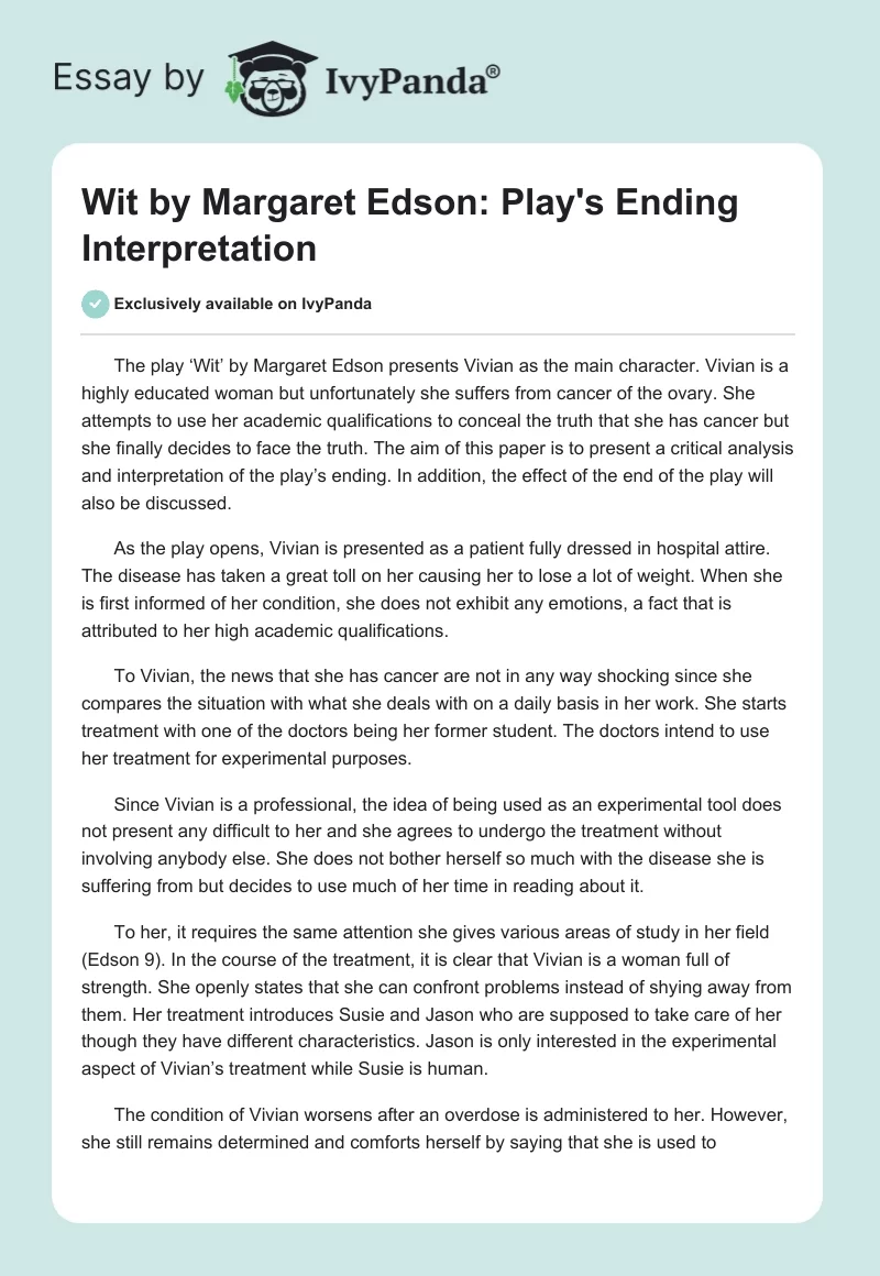 "Wit" by Margaret Edson: Play's Ending Interpretation. Page 1