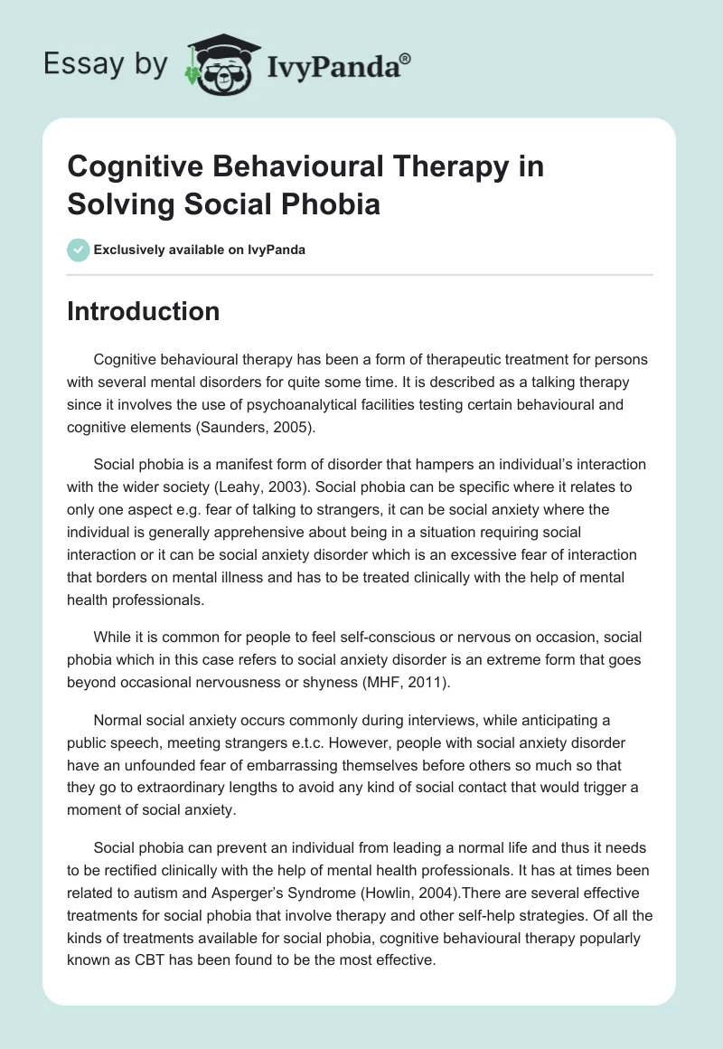 Cognitive Behavioural Therapy in Solving Social Phobia. Page 1