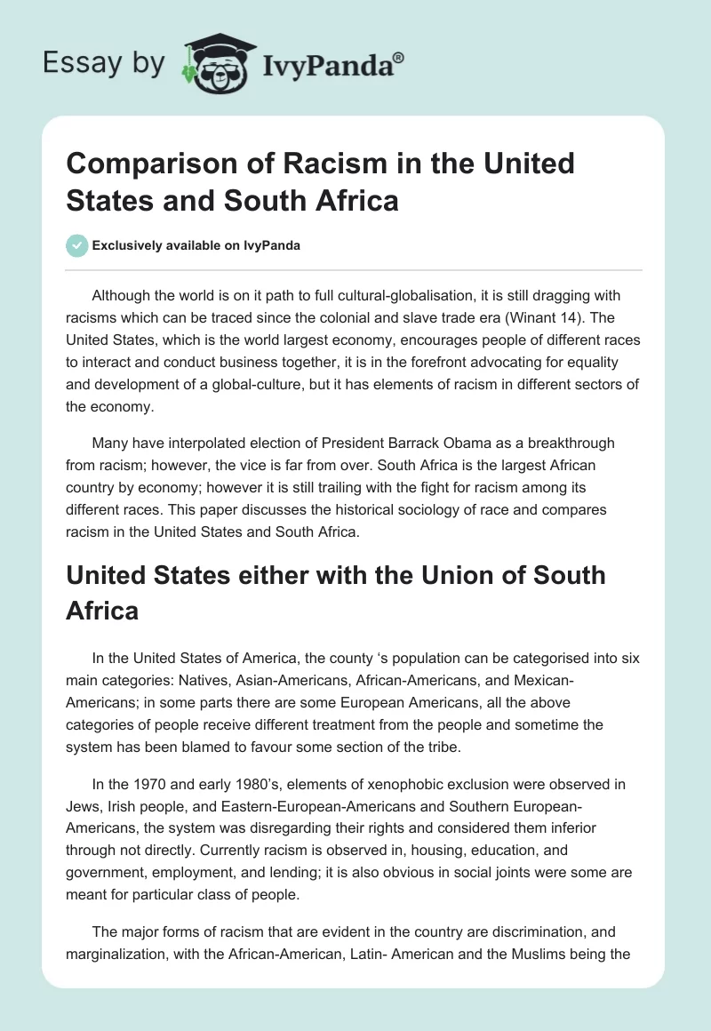 Comparison of Racism in the United States and South Africa. Page 1