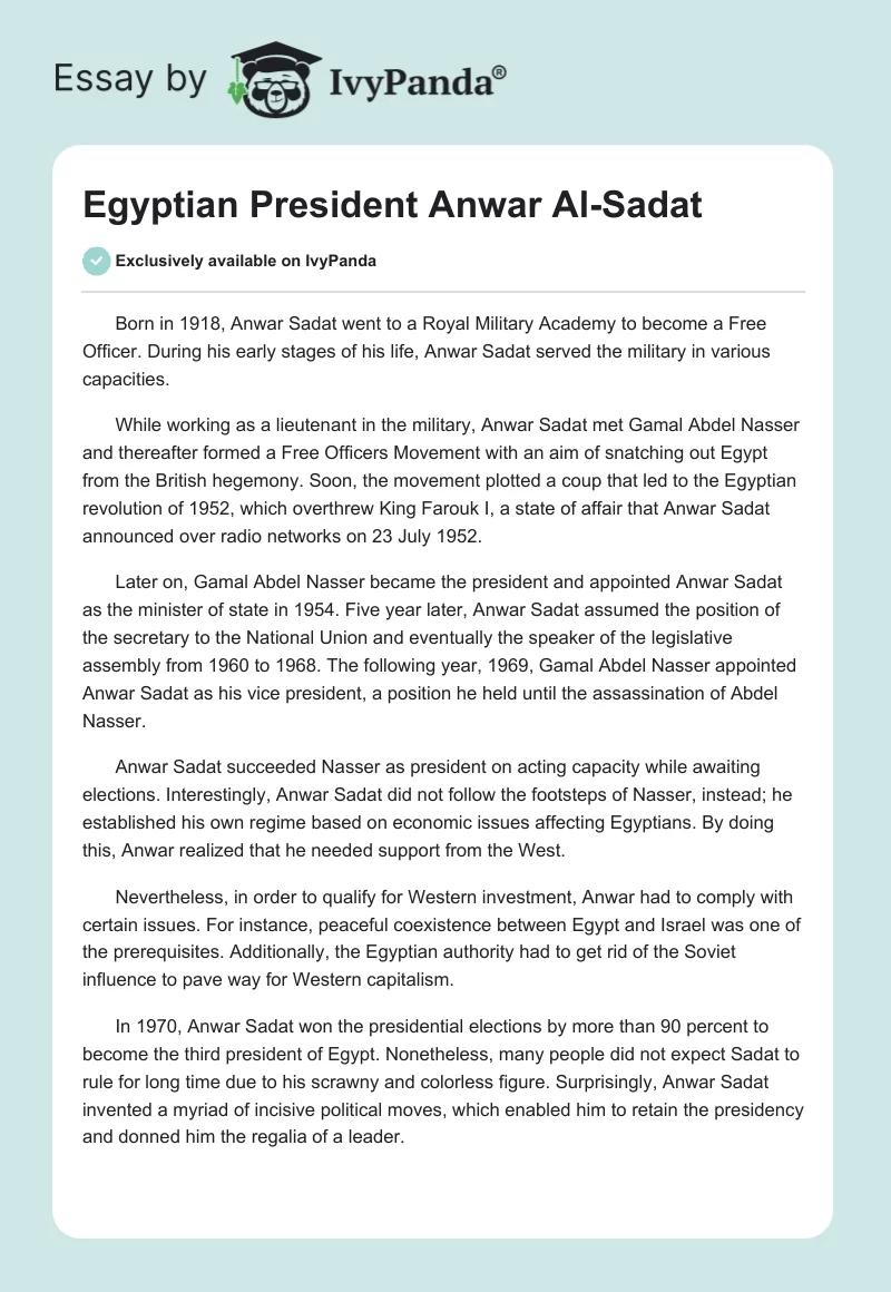 Egyptian President Anwar Al-Sadat. Page 1