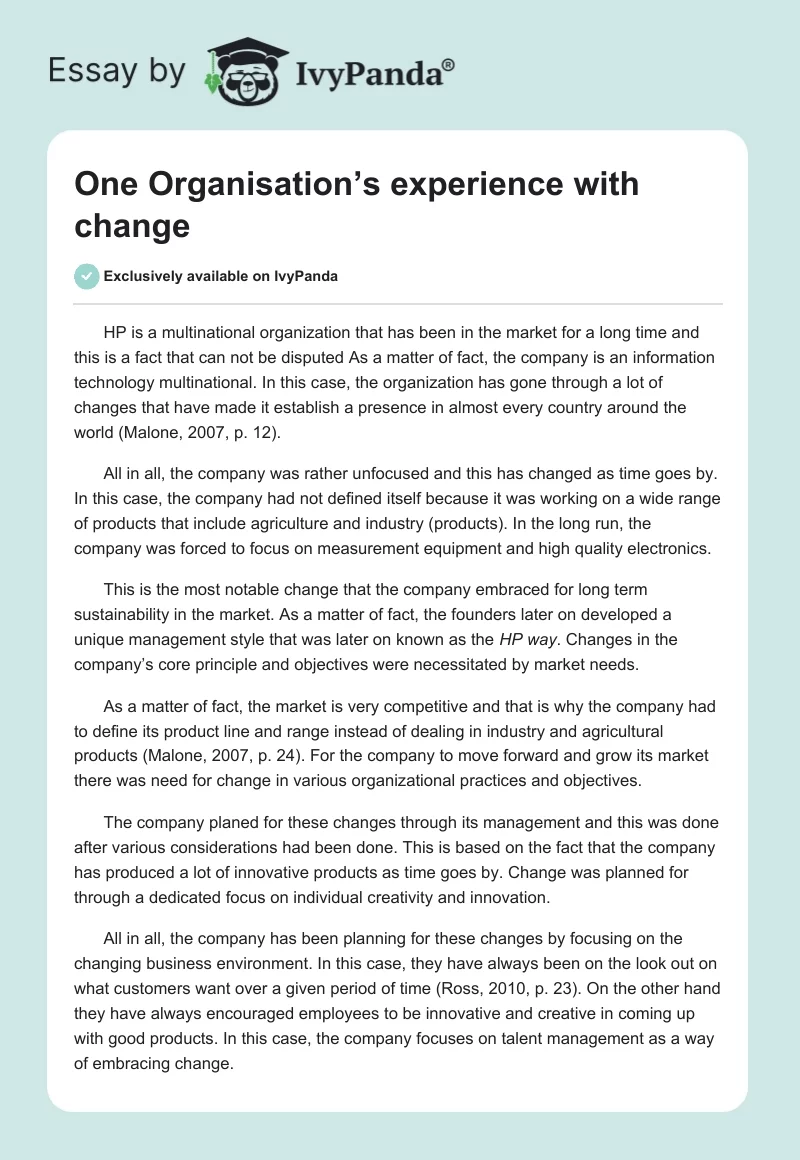 One Organisation’s experience with change. Page 1