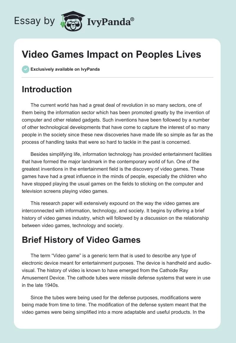 Video Games Impact on Peoples Lives. Page 1