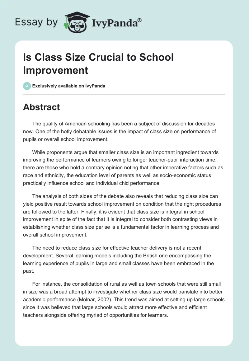 Is Class Size Crucial to School Improvement. Page 1