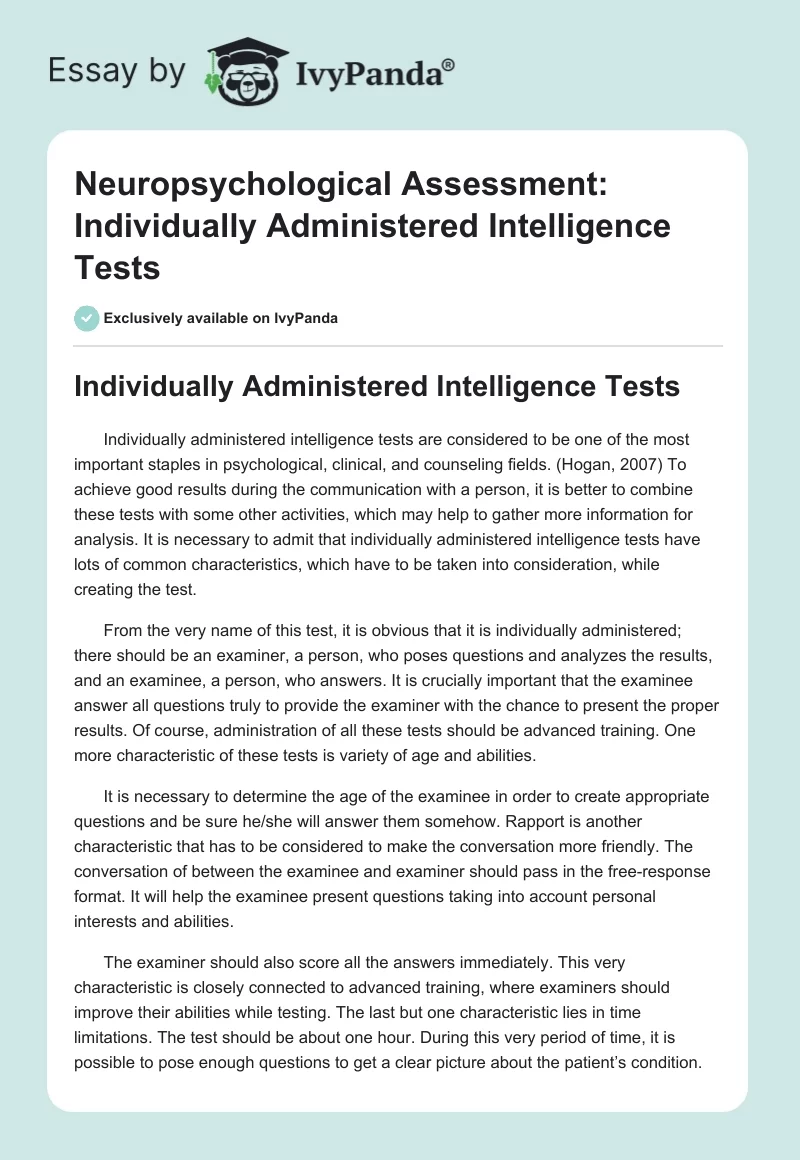 Neuropsychological Assessment: Individually Administered Intelligence Tests. Page 1