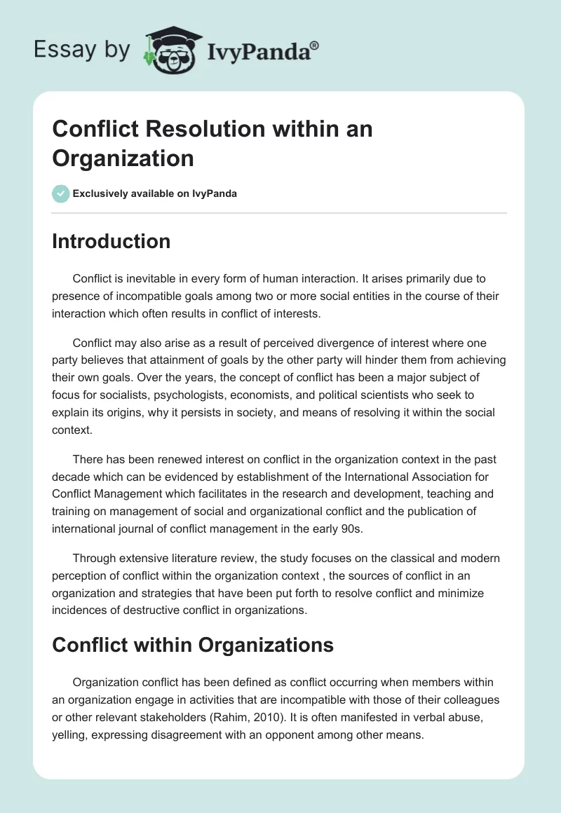 Conflict Resolution Within an Organization. Page 1