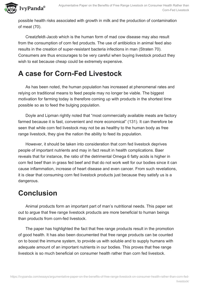 Argumentative Paper on the Benefits of Free Range Livestock on Consumer Health Rather than Corn-Fed Livestock. Page 3