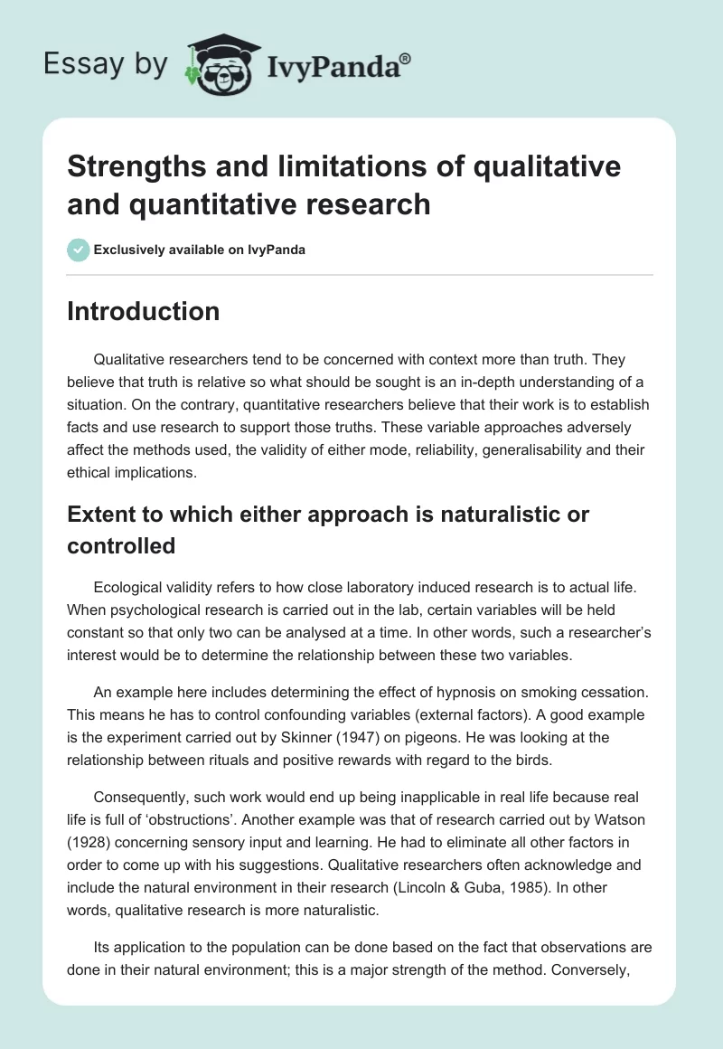 Strengths and limitations of qualitative and quantitative research. Page 1