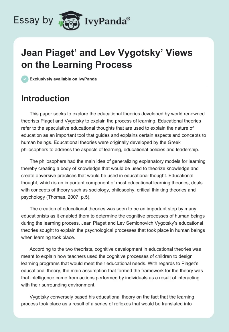 Jean Piaget’ and Lev Vygotsky’ Views on the Learning Process. Page 1