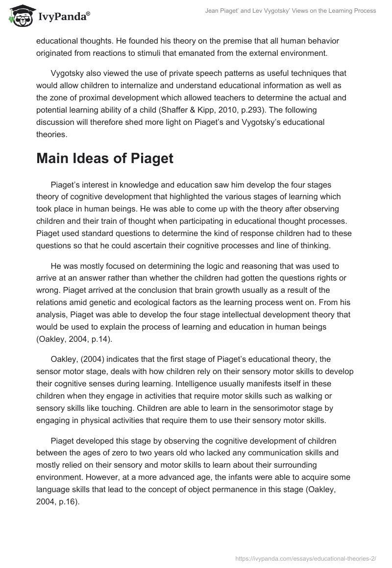 Jean Piaget’ and Lev Vygotsky’ Views on the Learning Process. Page 2
