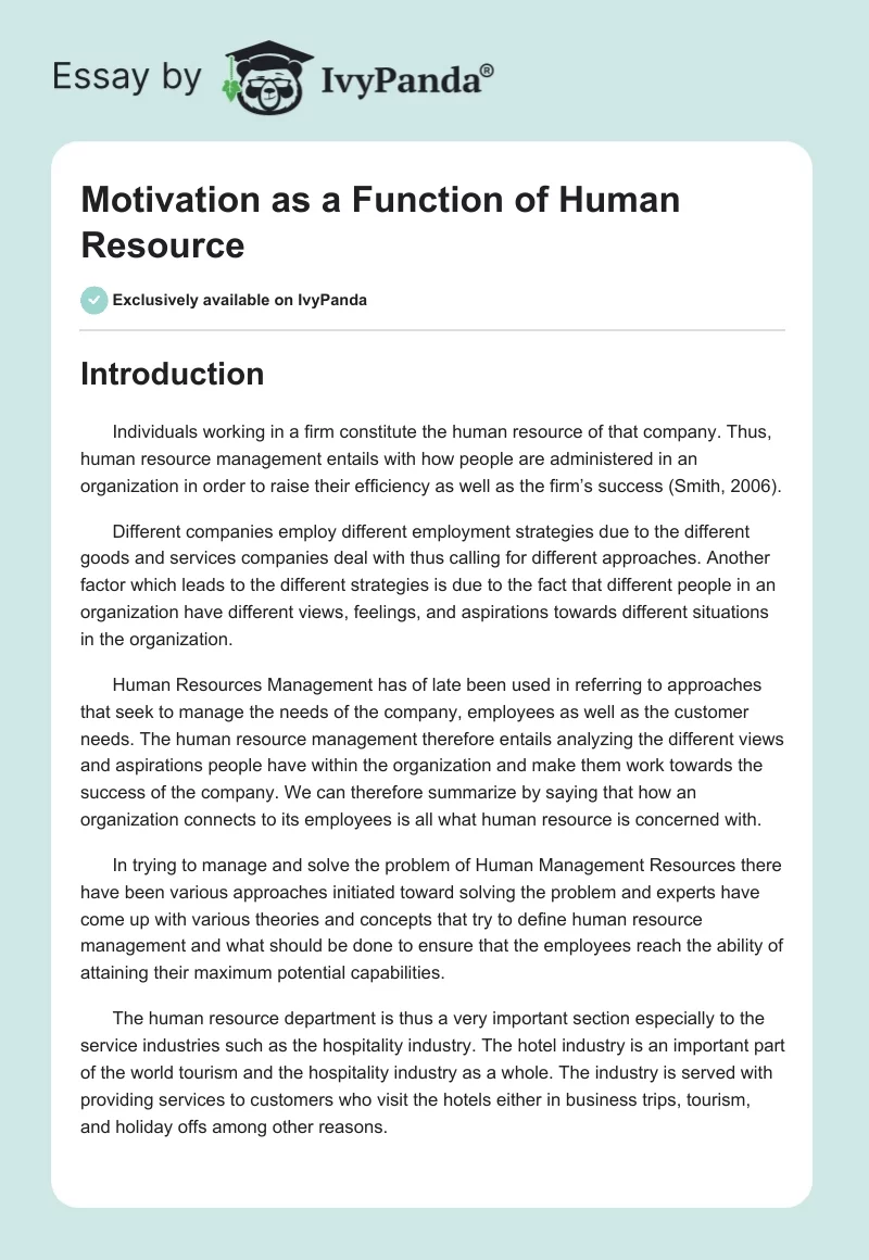 Motivation as a Function of Human Resource. Page 1