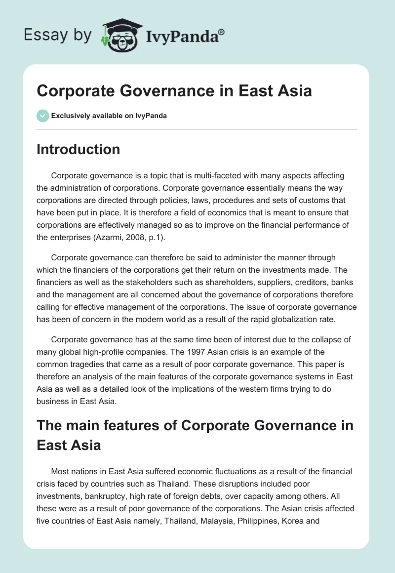 Corporate Governance in East Asia. Page 1