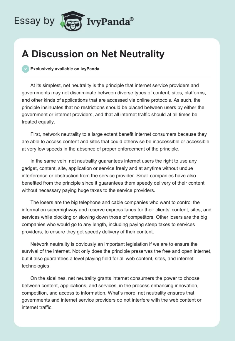 A Discussion on Net Neutrality. Page 1