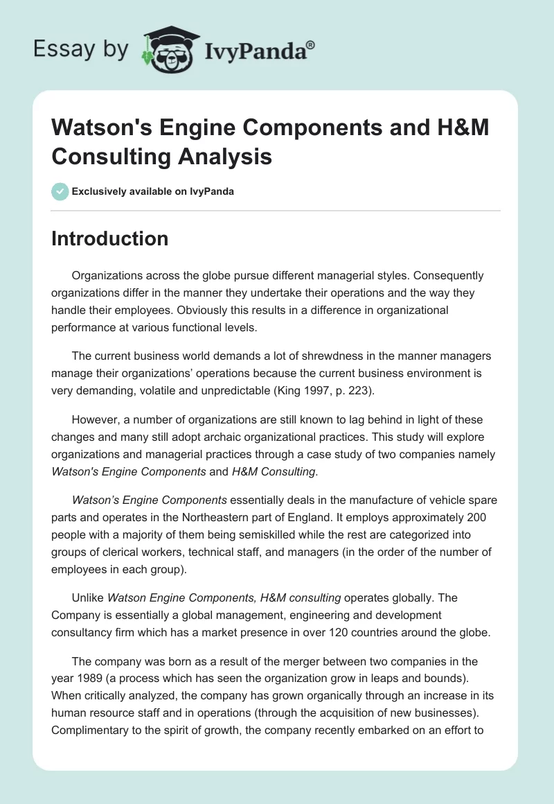 Watson's Engine Components and H&M Consulting Analysis. Page 1