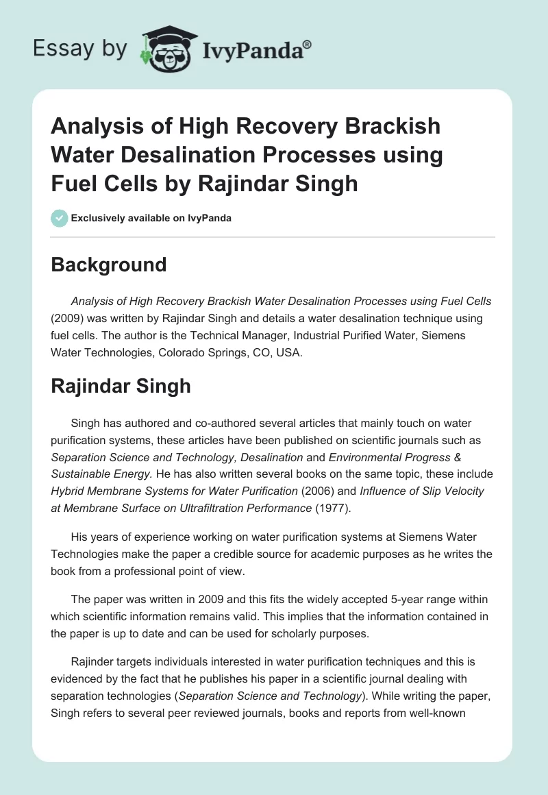 Analysis of High Recovery Brackish Water Desalination Processes using Fuel Cells by Rajindar Singh. Page 1