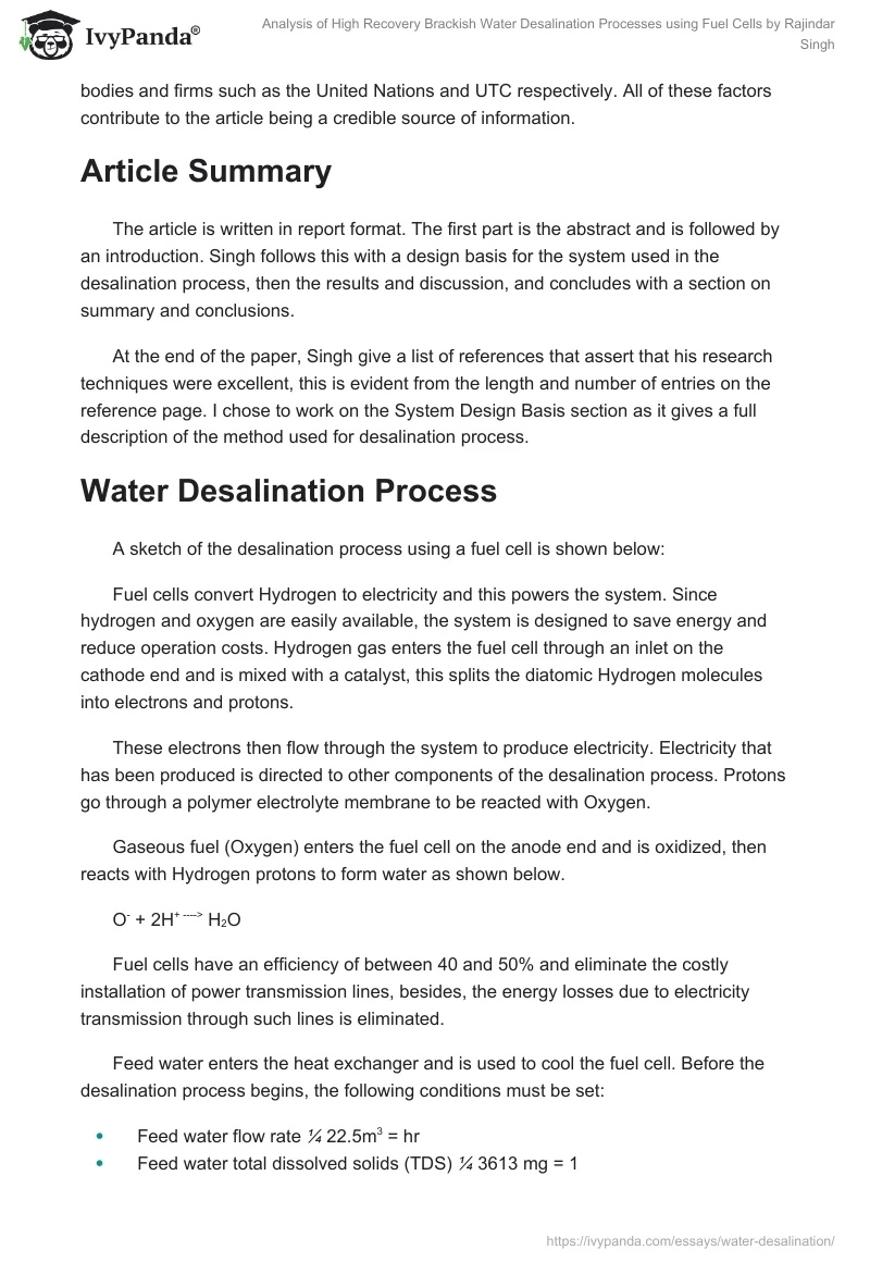 Analysis of High Recovery Brackish Water Desalination Processes using Fuel Cells by Rajindar Singh. Page 2