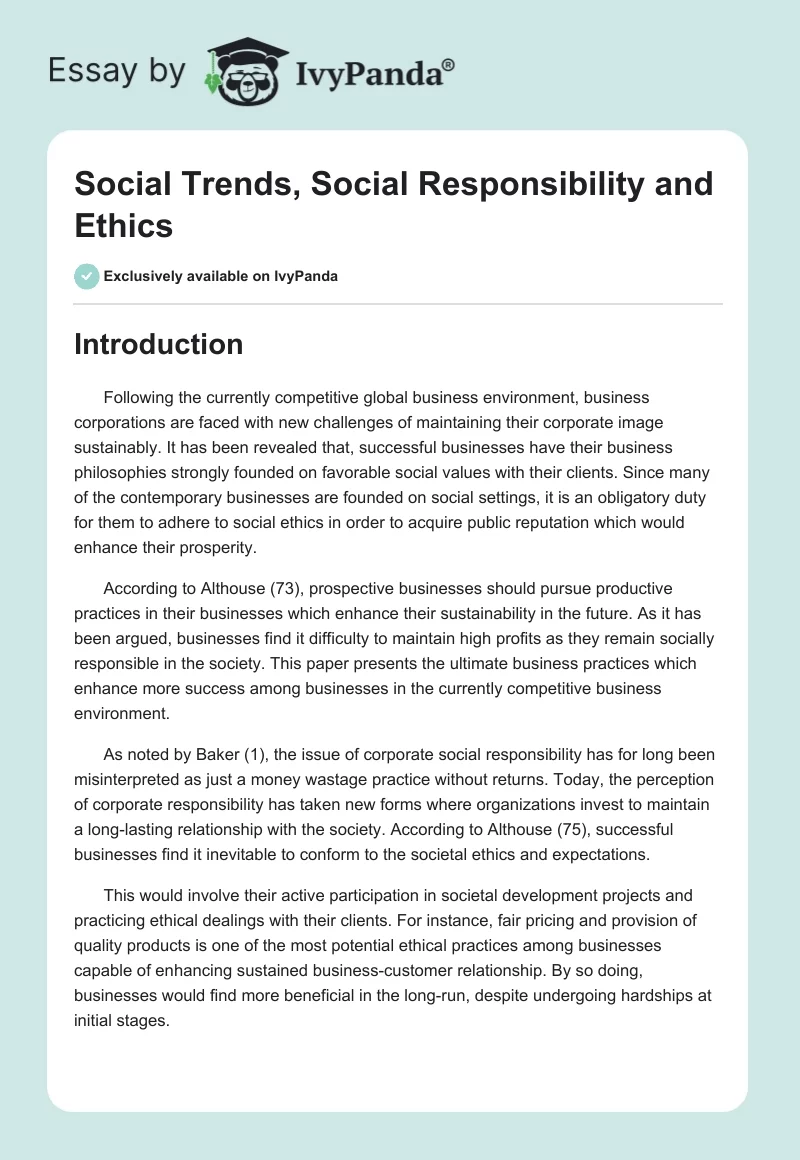 Social Trends, Social Responsibility and Ethics. Page 1