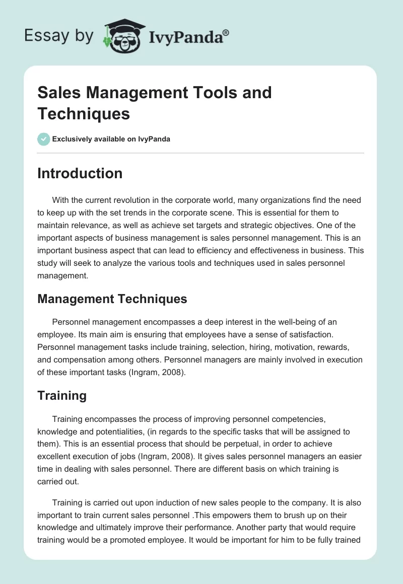 Sales Management Tools and Techniques. Page 1