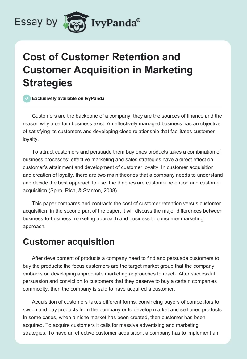Cost of Customer Retention and Customer Acquisition in Marketing Strategies. Page 1