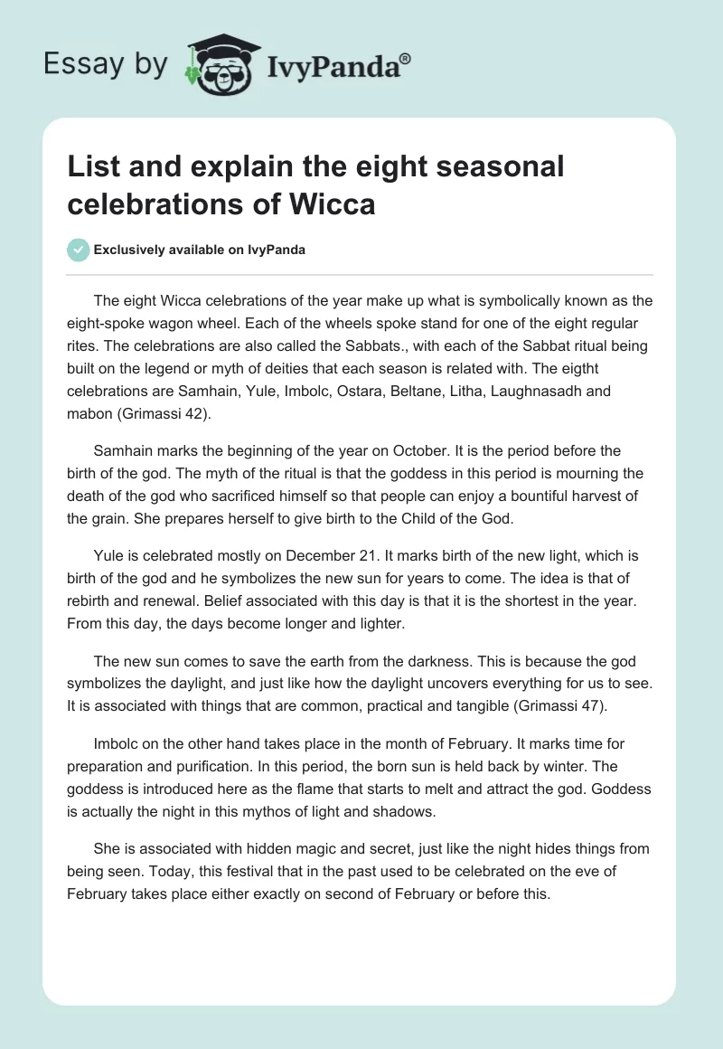 List and explain the eight seasonal celebrations of Wicca. Page 1