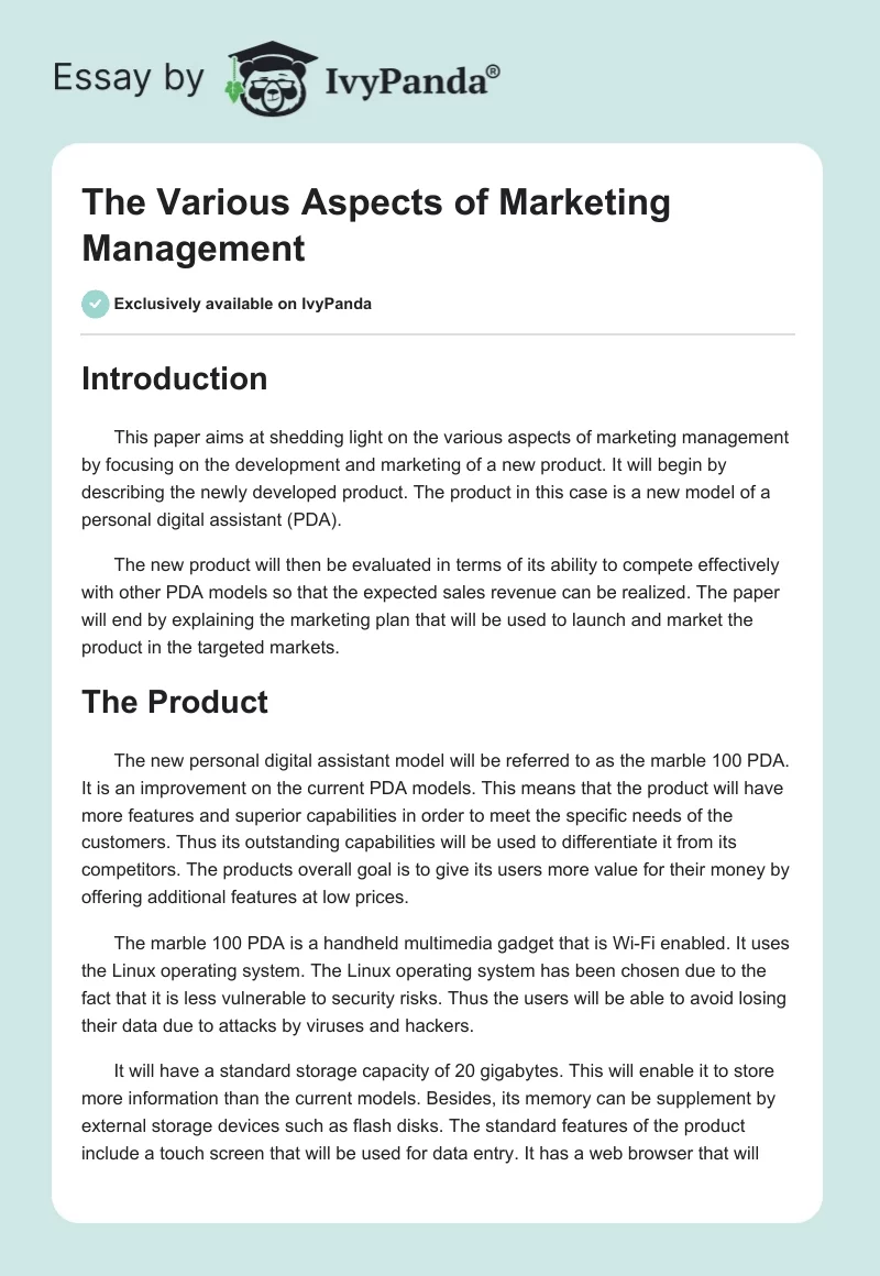 The Various Aspects of Marketing Management. Page 1