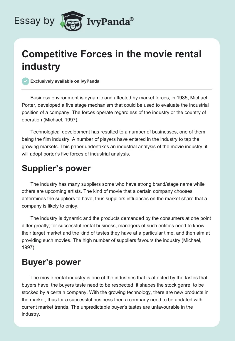 Competitive Forces in the Movie Rental Industry. Page 1