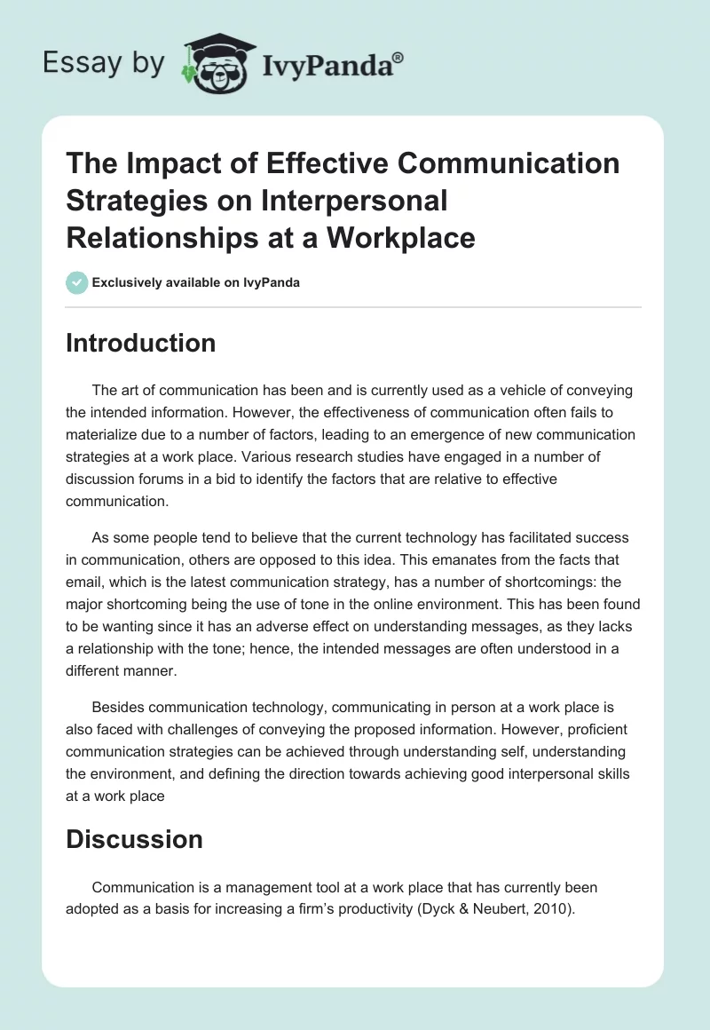 The Impact of Effective Communication Strategies on Interpersonal Relationships at a Workplace. Page 1