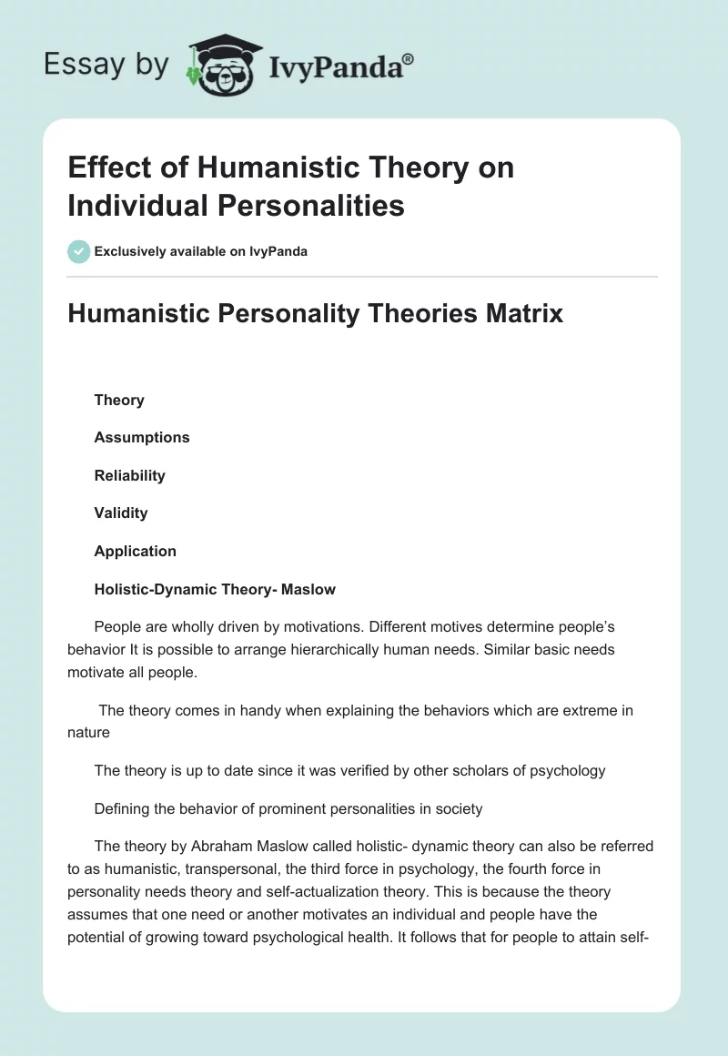 Effect of Humanistic Theory on Individual Personalities. Page 1