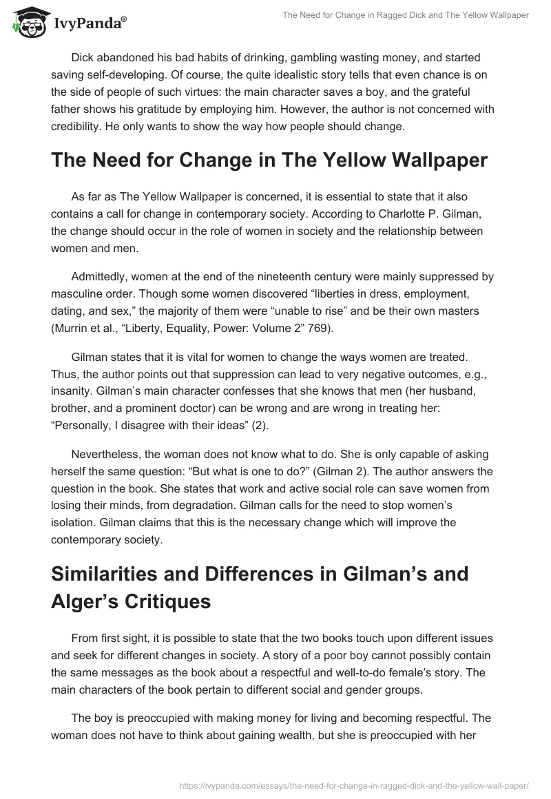 The Need for Change in Ragged Dick and The Yellow Wallpaper. Page 2