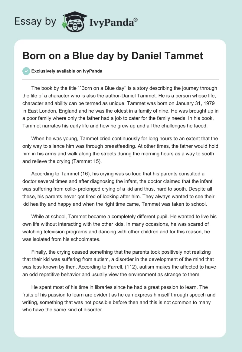 Born on a Blue day by Daniel Tammet. Page 1