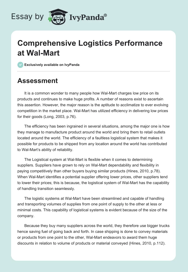 Comprehensive Logistics Performance at Wal-Mart. Page 1