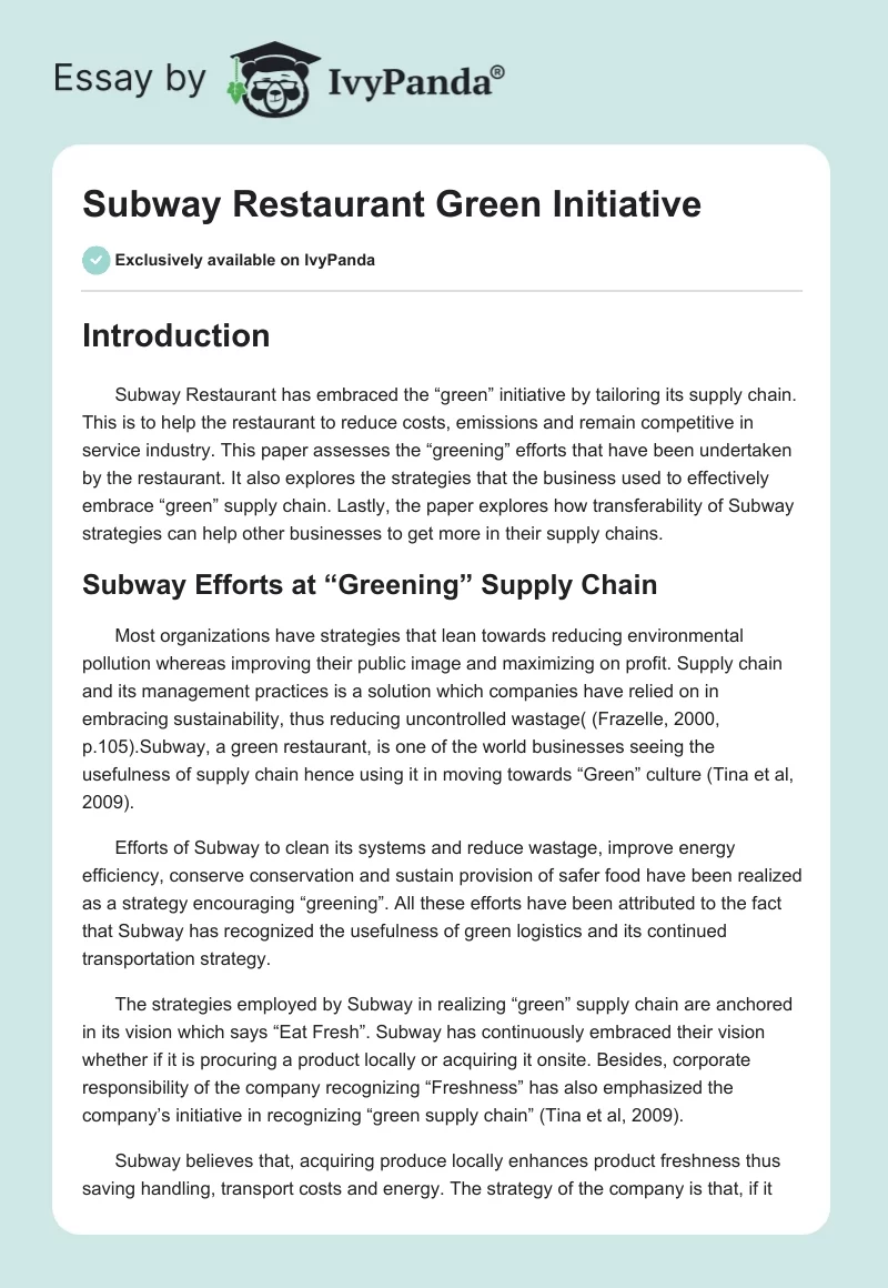 Subway Restaurant "Green" Initiative. Page 1