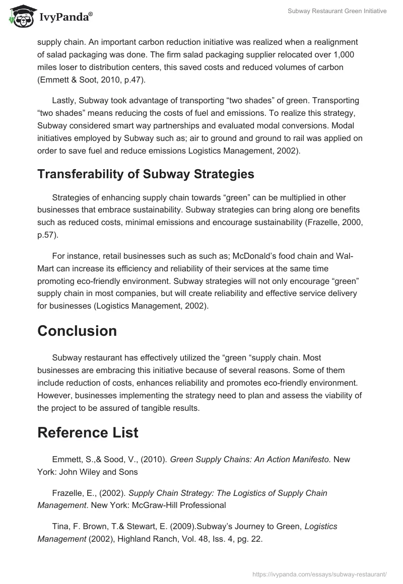 Subway Restaurant "Green" Initiative. Page 3