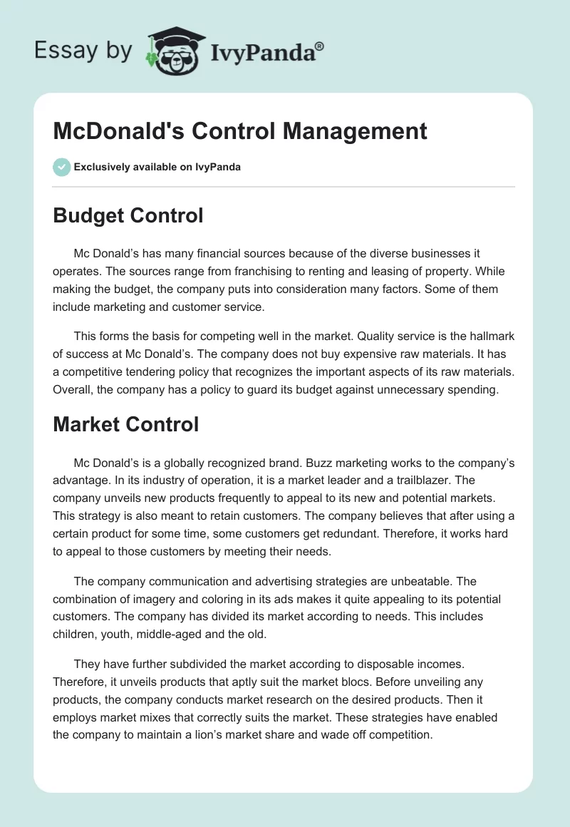 McDonald's Control Management. Page 1
