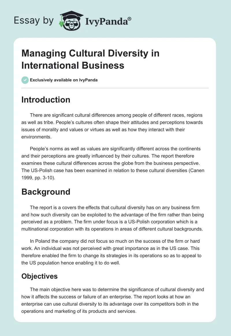 Managing Cultural Diversity in International Business. Page 1