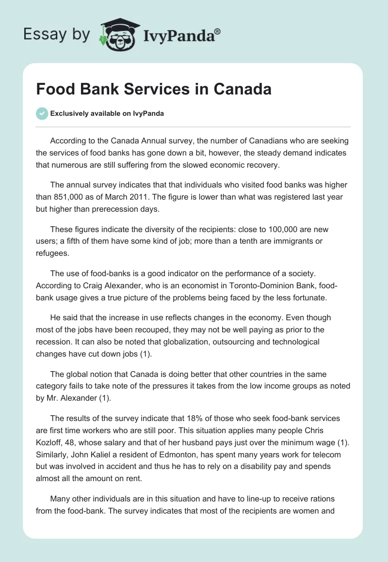 Food Bank Services in Canada. Page 1