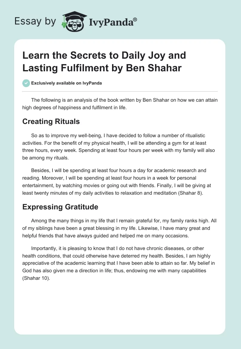 "Learn the Secrets to Daily Joy and Lasting Fulfilment" by Ben Shahar. Page 1