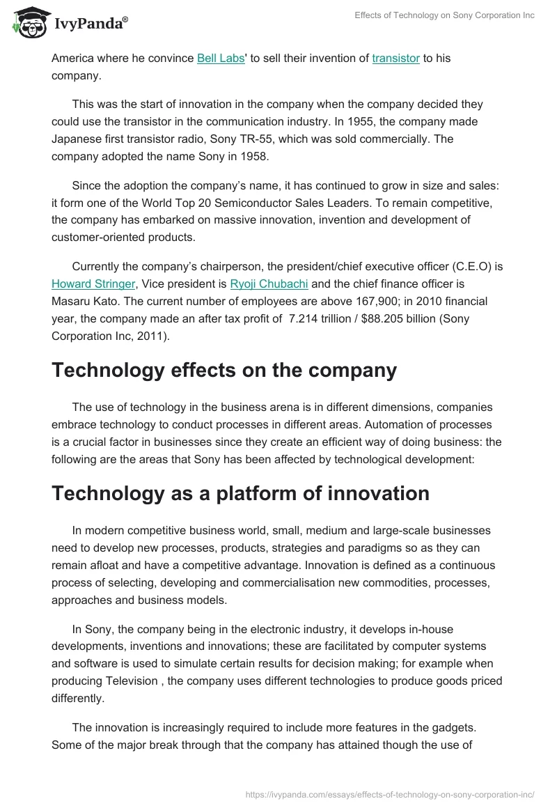 Effects of Technology on Sony Corporation Inc.. Page 2