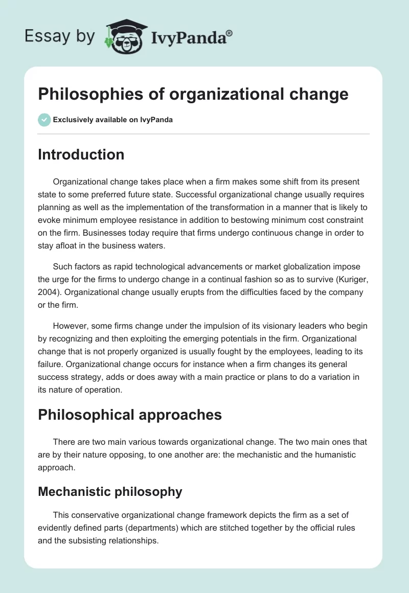 Philosophies of Organizational Change. Page 1
