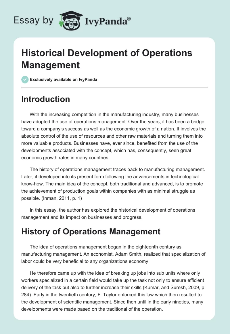 Historical Development of Operations Management. Page 1