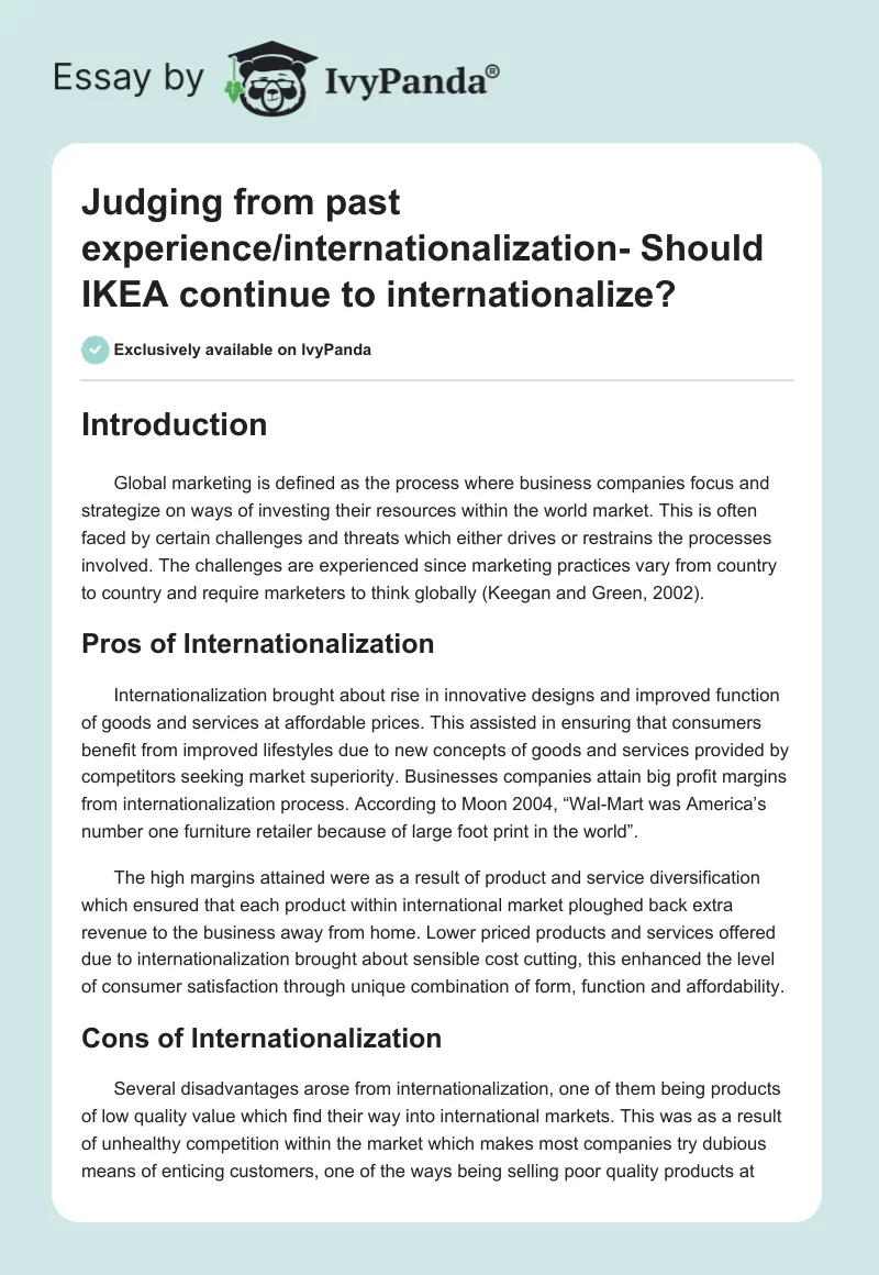Judging from past experience/internationalization- Should IKEA continue to internationalize?. Page 1