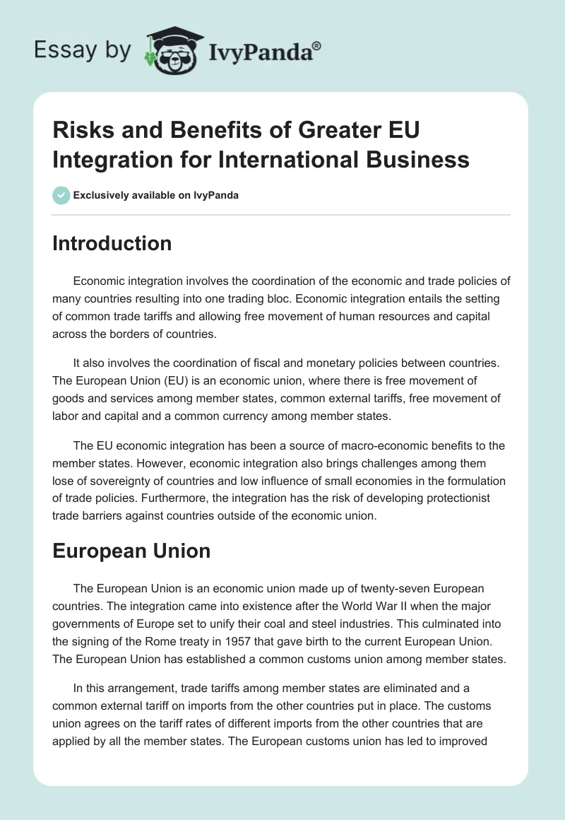 Risks and Benefits of Greater EU Integration for International Business. Page 1