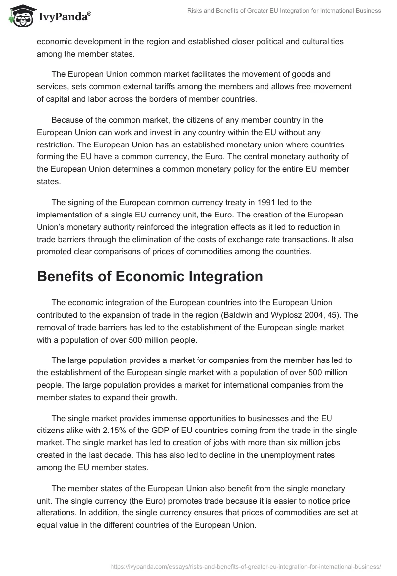 Risks and Benefits of Greater EU Integration for International Business. Page 2